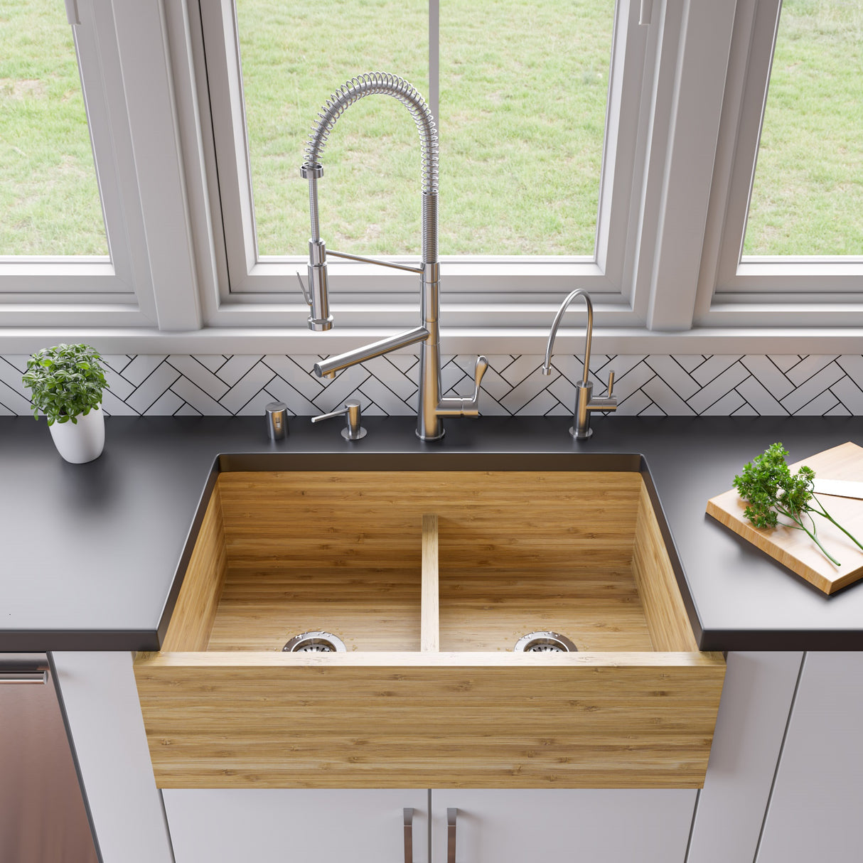 Brushed Nickel Double Spout Commercial Spring Kitchen Faucet