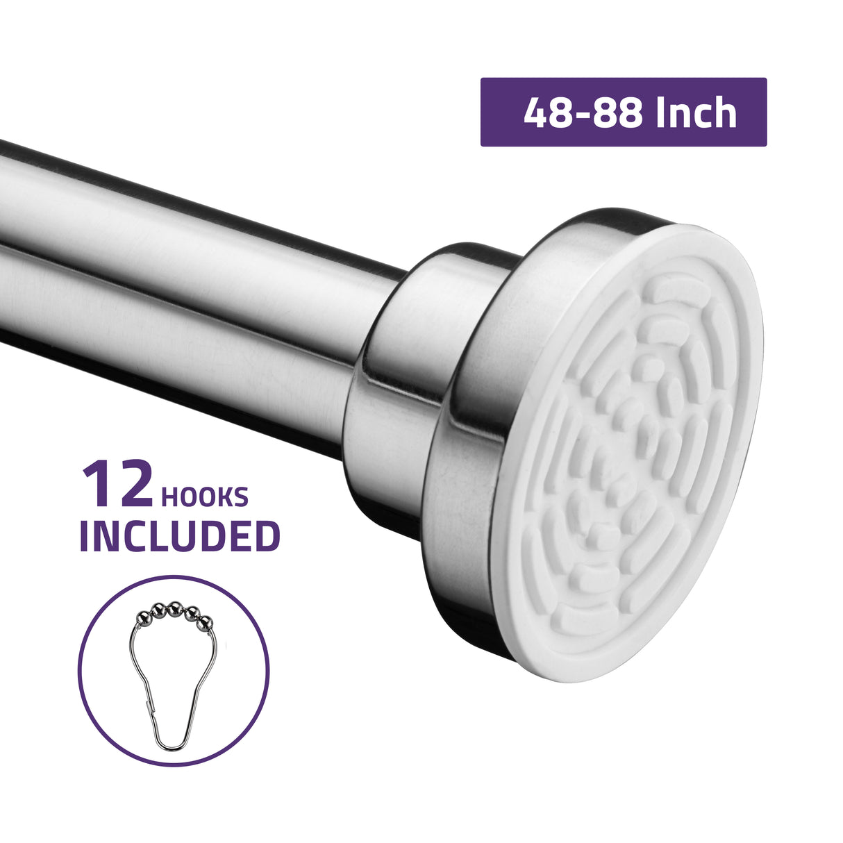 ANZZI AC-AZSR88CH 48-88 Inches Shower Curtain Rod with Shower Hooks in Polished Chrome | Adjustable Tension Shower Doorway Curtain Rod | Rust Resistant No Drilling Anti-Slip Bar for Bathroom | AC-AZSR88CH