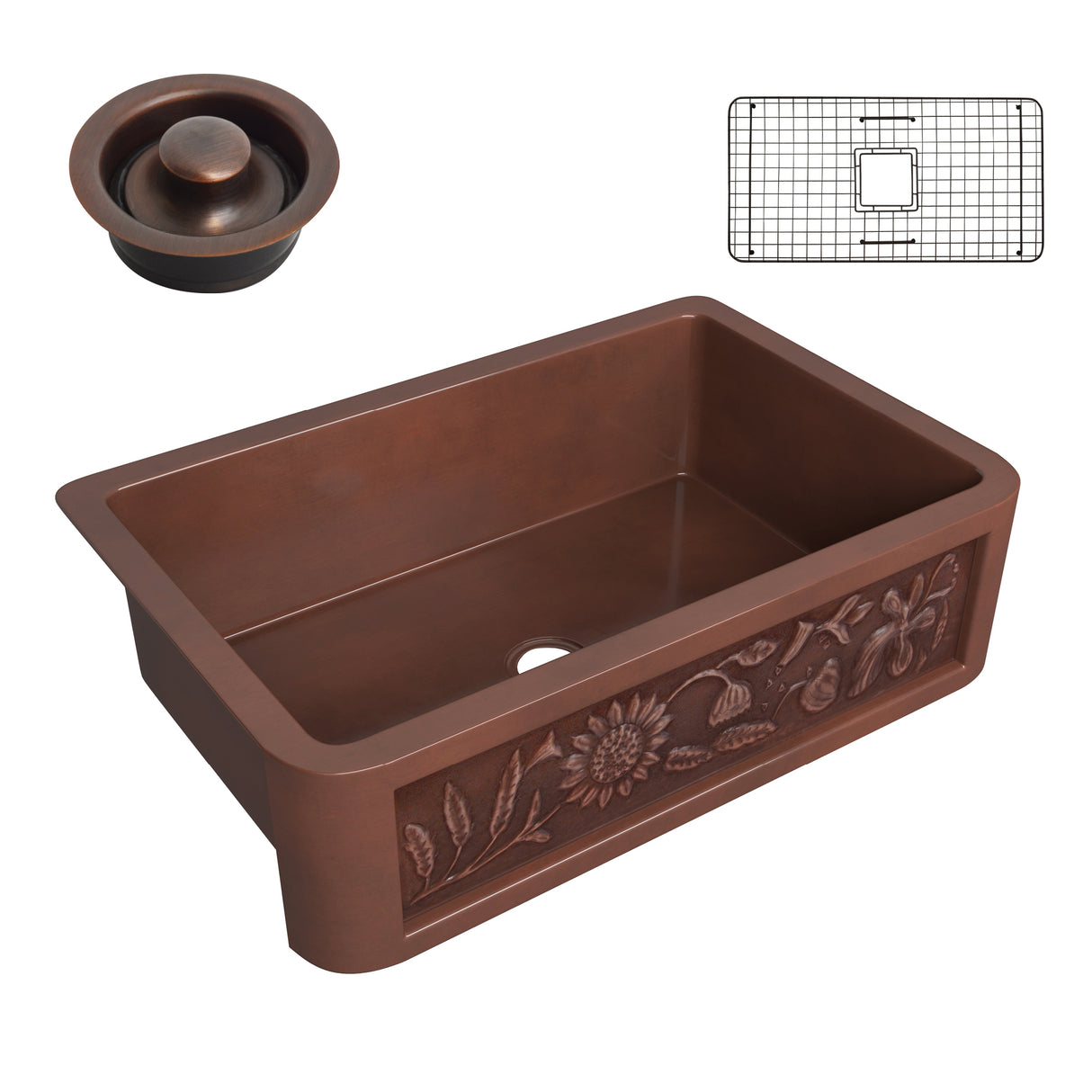 ANZZI SK-012 Anatolian Farmhouse Handmade Copper 33 in. 0-Hole Single Bowl Kitchen Sink with Sunflower Design Panel in Polished Antique Copper