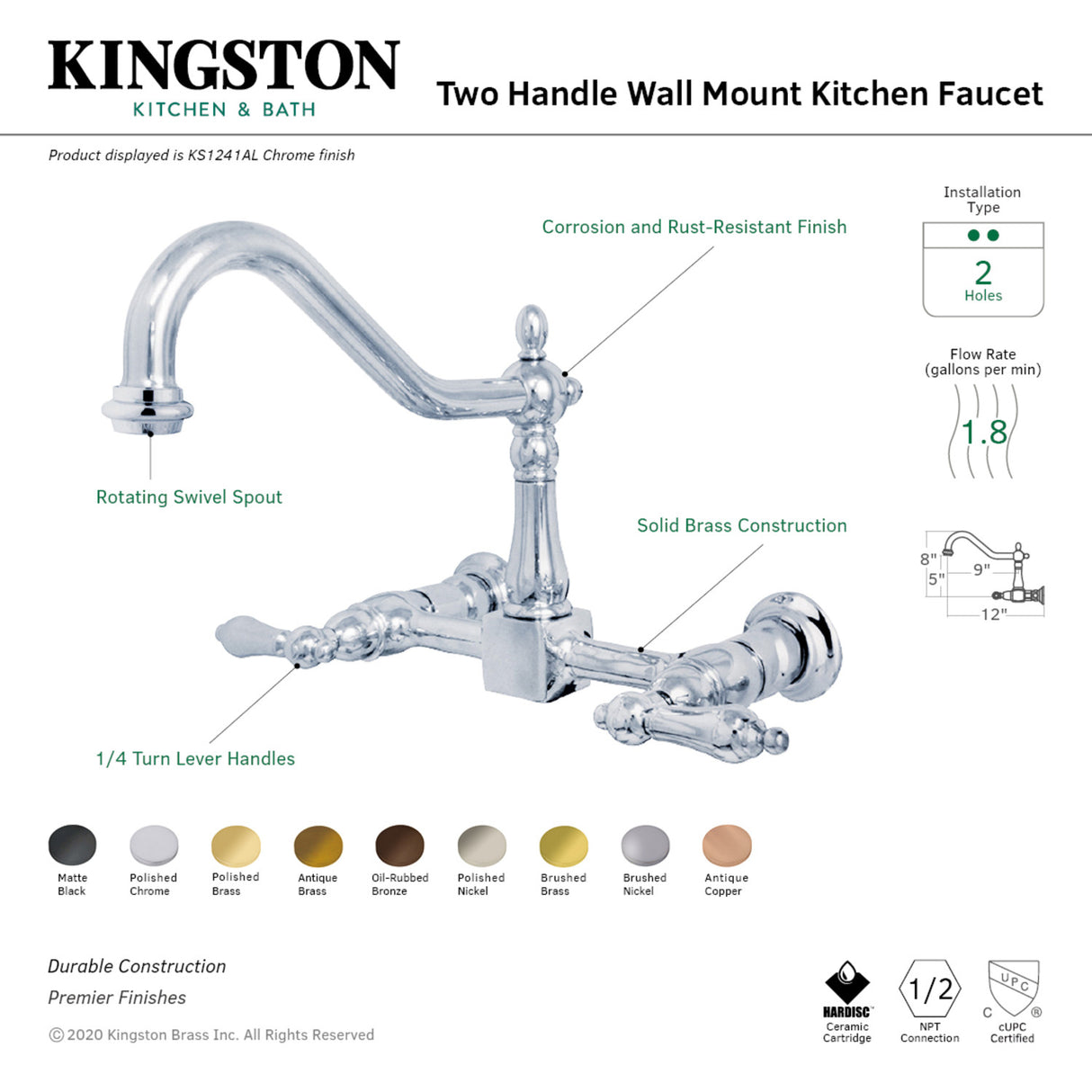 Kingston Brass KS1248AL Heritage Wall Mount Bridge Kitchen Faucet, Brushed Nickel