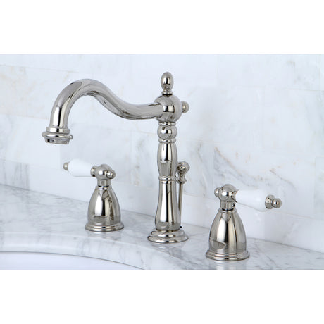 Kingston Brass KB1976PL Heritage Widespread Bathroom Faucet with Brass Pop-Up, Polished Nickel