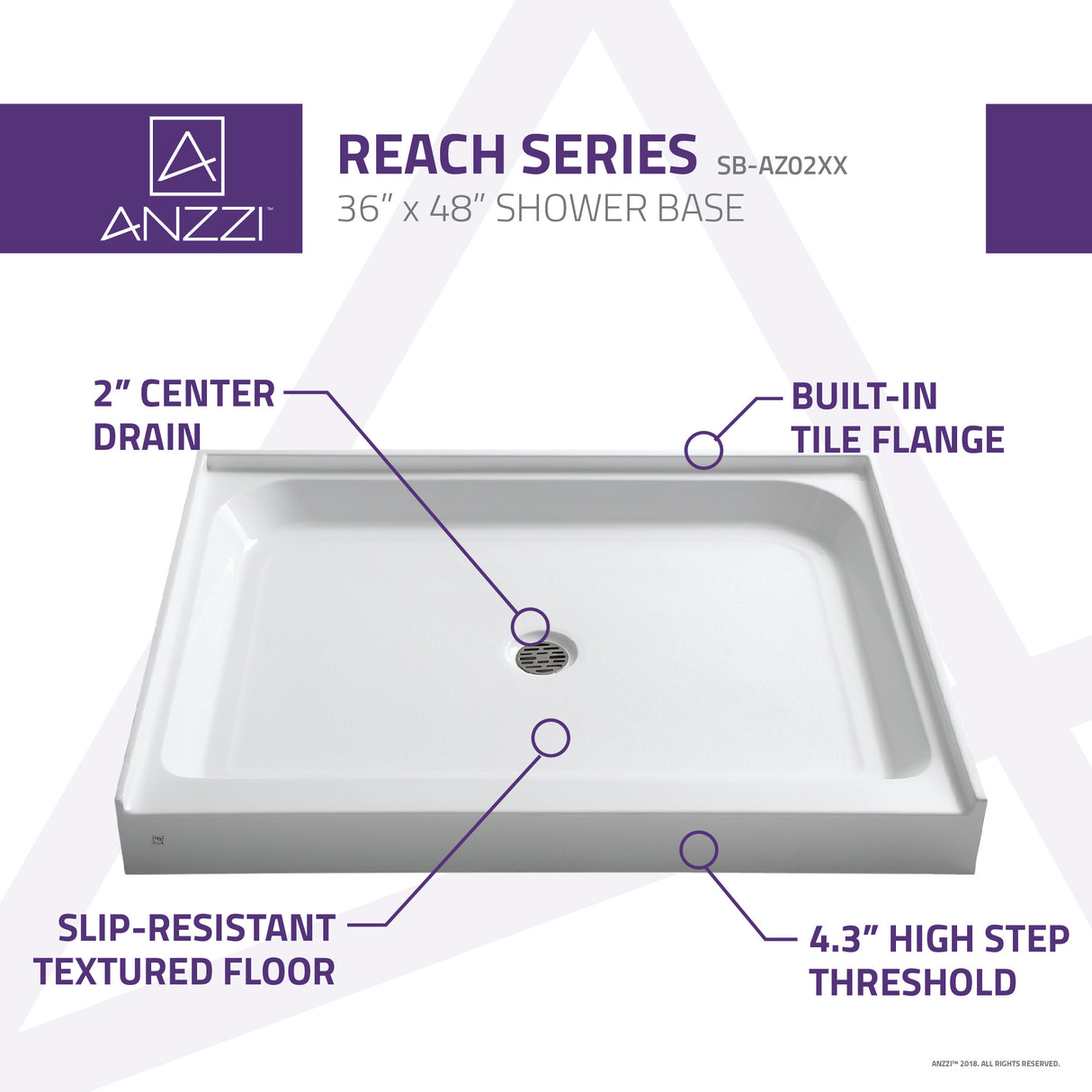 ANZZI SB-AZ02XX Reach 36 x 48  in. Single Threshold Shower Base in White