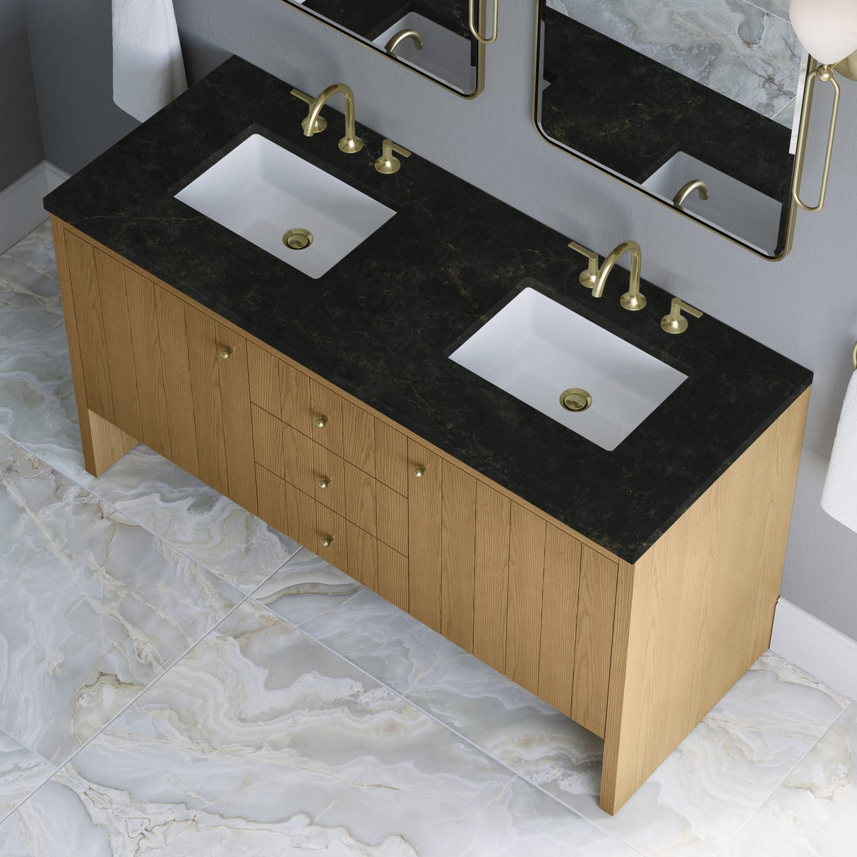 Hudson 60" Double Vanity, Light Natural Oak, w/ 3 CM Phantome Eclos Top