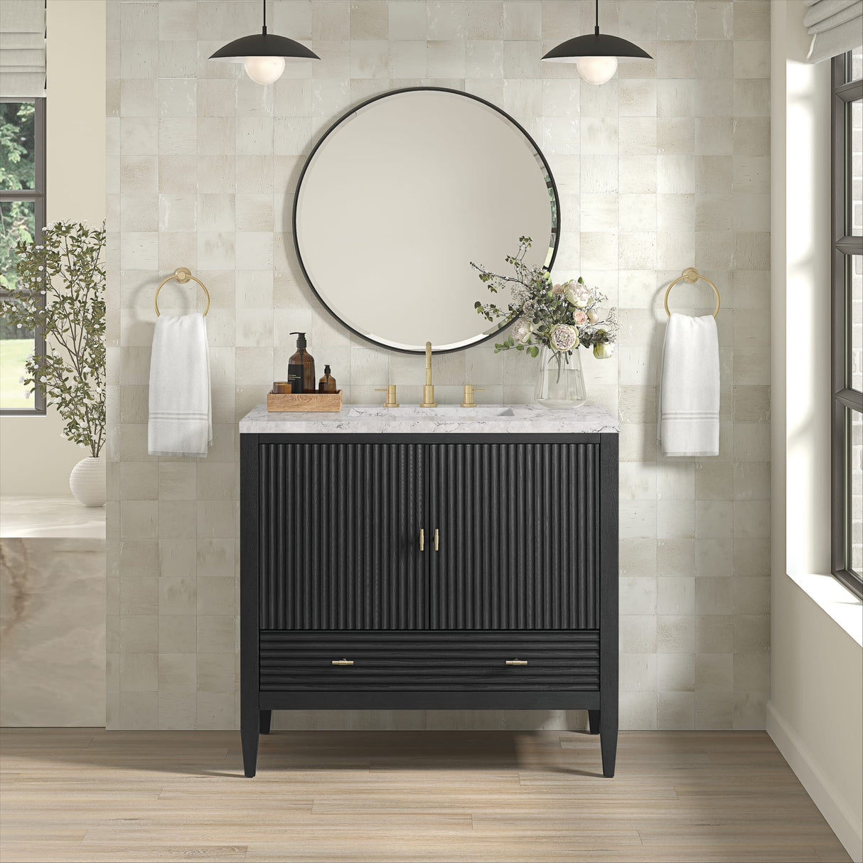 Myrrin 36" Vanity, Carbon Oak w/ 3 CM Eternal Jasmine Pearl Silestone Top