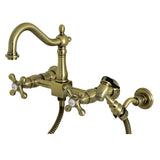 Kingston Brass KS1263AXBS Heritage Wall Mount Bridge Kitchen Faucet with Brass Sprayer, Antique Brass