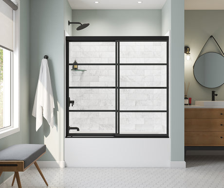 MAAX 135330-972-340-000 Incognito 57 Shaker 56-59 x 56 ¾ in. 8mm Bypass Tub Door for Alcove Installation with Shaker glass in Matte Black