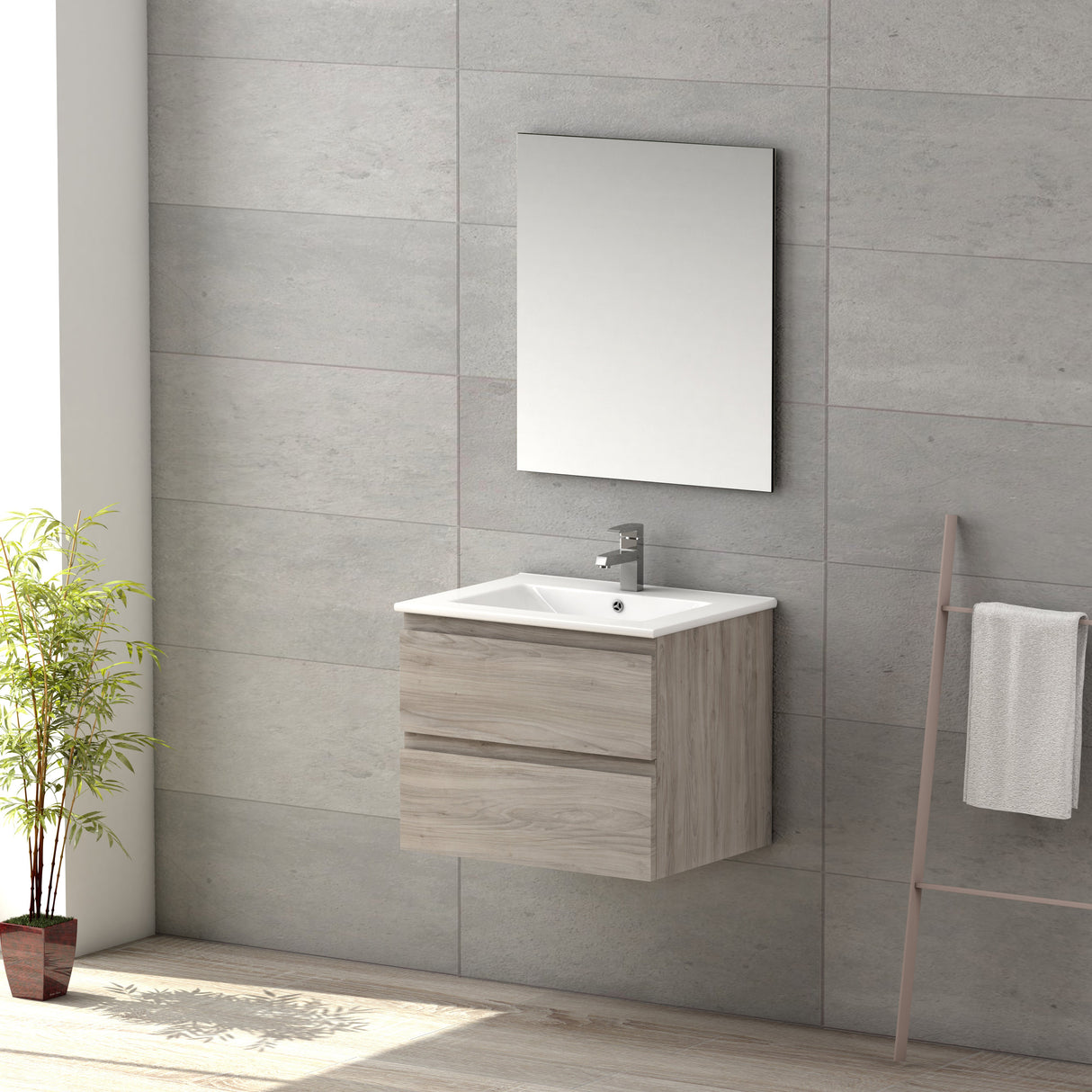 DAX Pasadena Engineered Wood and Porcelain Onix Basin with Single Vanity Cabinet, 24", Pine DAX-PAS012412-ONX