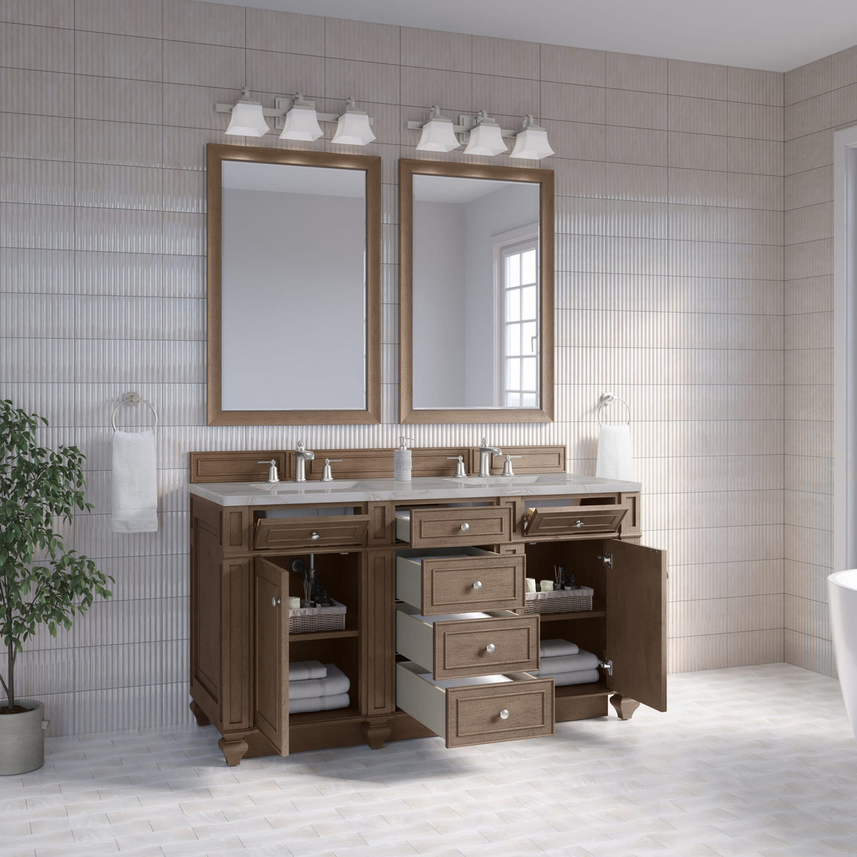 Bristol 60" Double Vanity, Whitewashed Walnut w/ 3 CM Victorian Silver Silestone Top