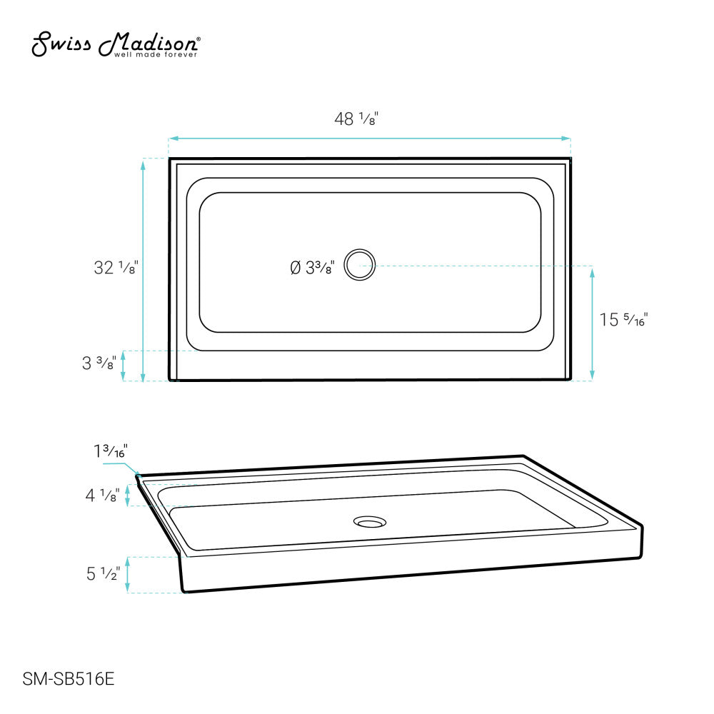 Voltaire 48 x 32 Single-Threshold, Center Drain, Shower Base in Grey