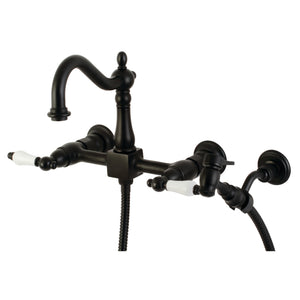 Kingston Brass KS1260PLBS Heritage Wall Mount Bridge Kitchen Faucet with Brass Sprayer, Matte Black
