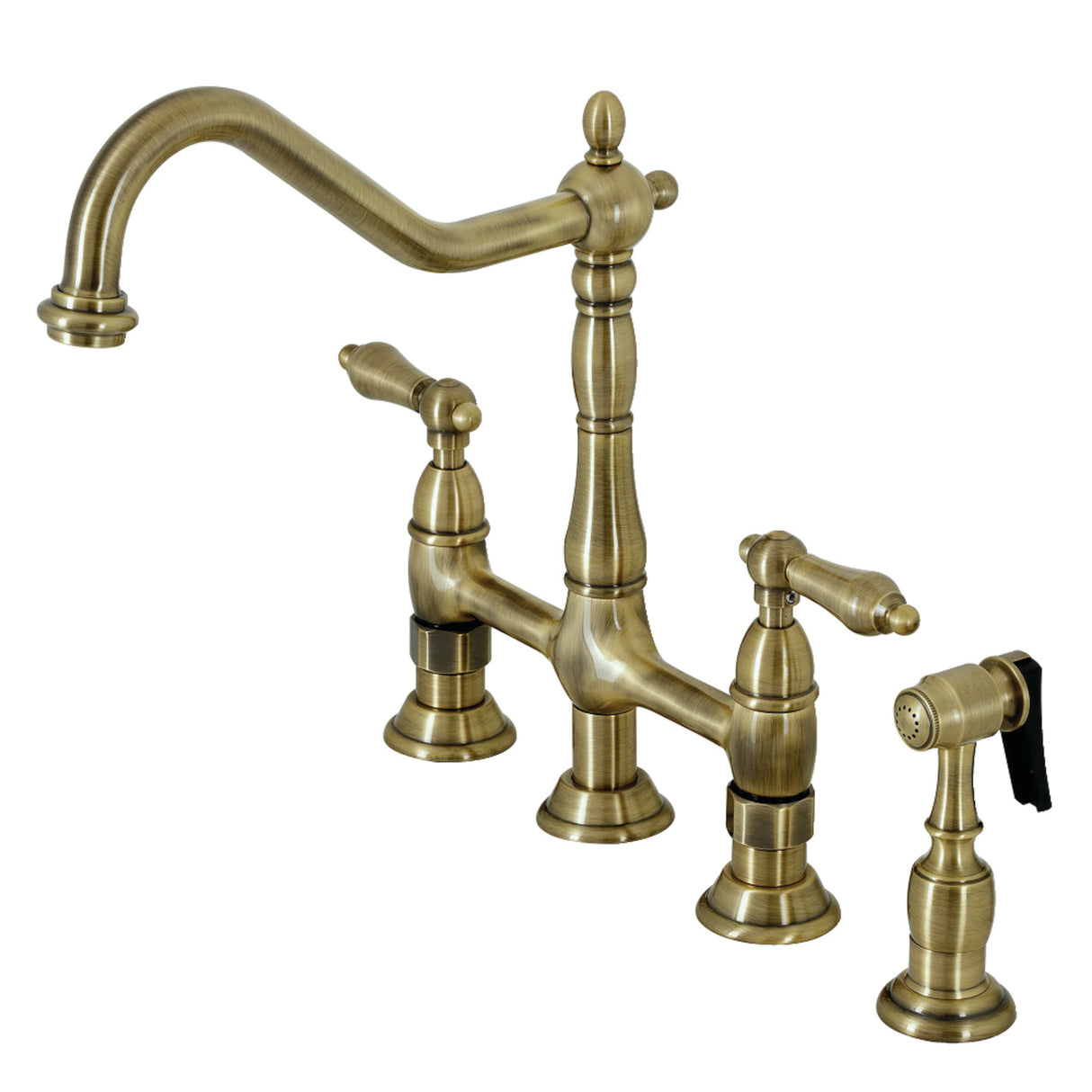 Kingston Brass KS1273ALBS Heritage Bridge Kitchen Faucet with Brass Sprayer, Antique Brass