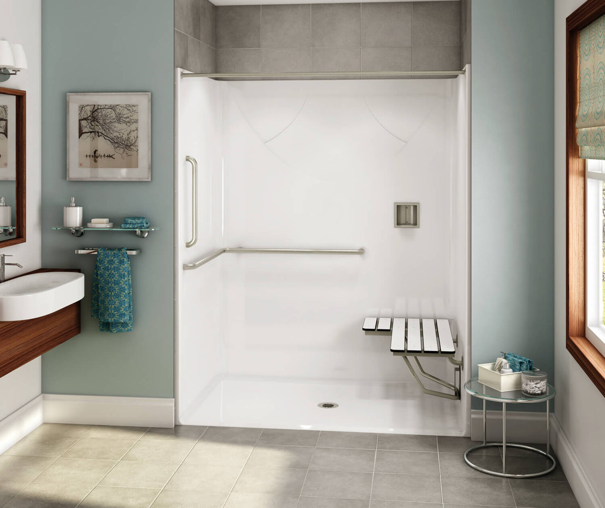 MAAX 106781-000-002-139 OPS-6036-RS - ANSI Grab Bar and seat AcrylX Alcove Center Drain One-Piece Shower in White