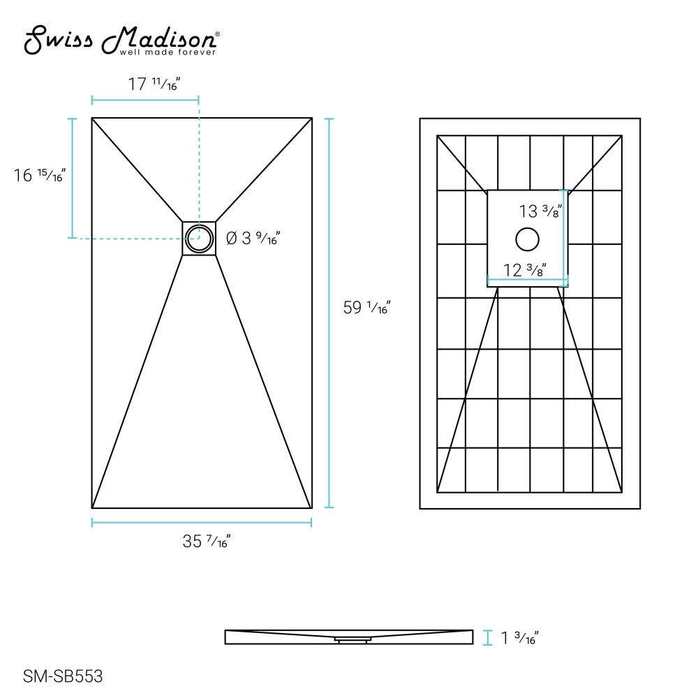 Terre P Series 60" x 36" Reversible Drain Shower Base