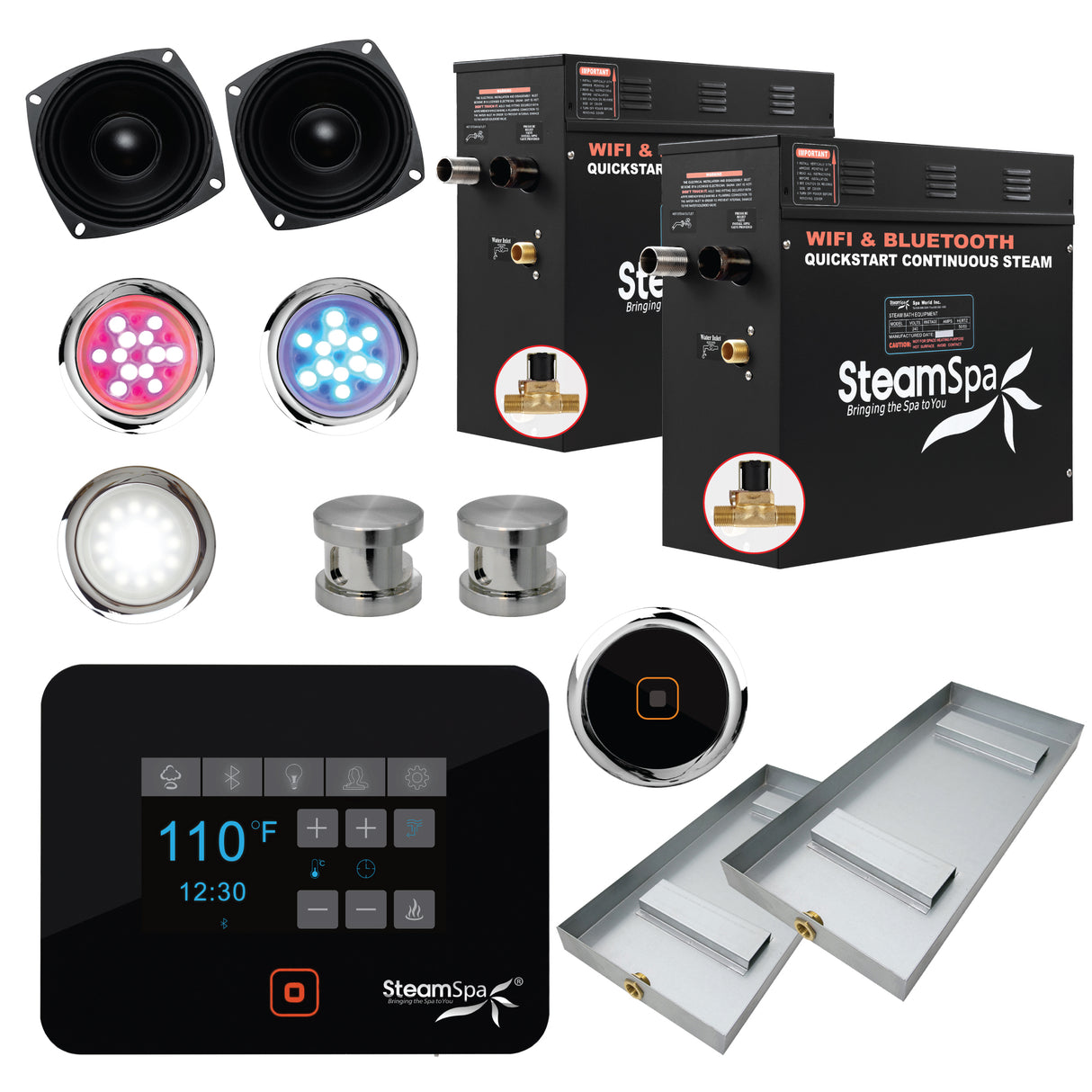 Steam Shower Generator Kit System | Brushed Nickel + Self Drain Combo| Enclosure Steamer Sauna Spa Stall Package|Touch Screen Wifi App/Bluetooth Control Panel |2x 9 kW Raven | RVB1800BN-A RVB1800BN-A