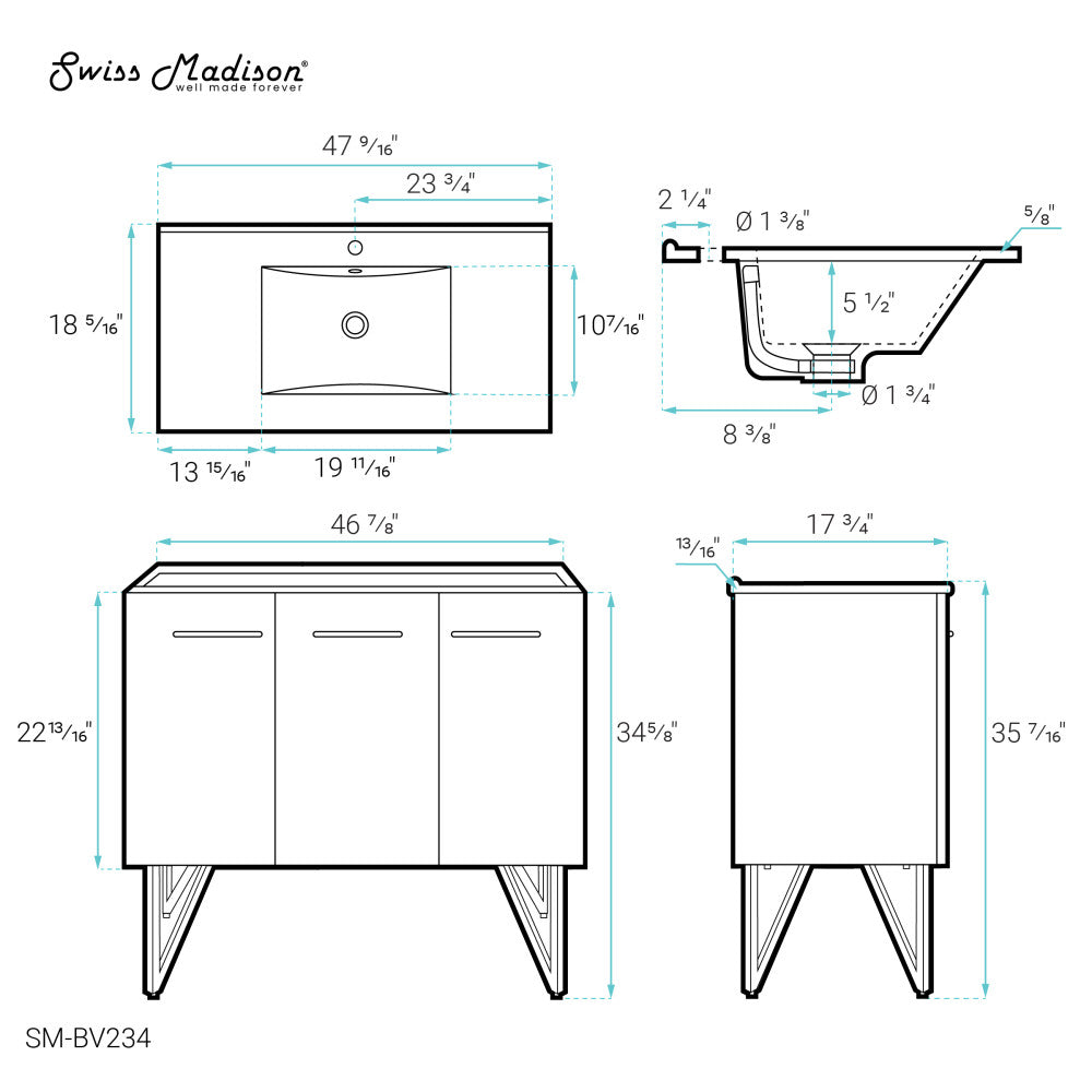 Annecy 48 Single, Brushed Grey, Two Doors, One Drawer, Bathroom Vanity