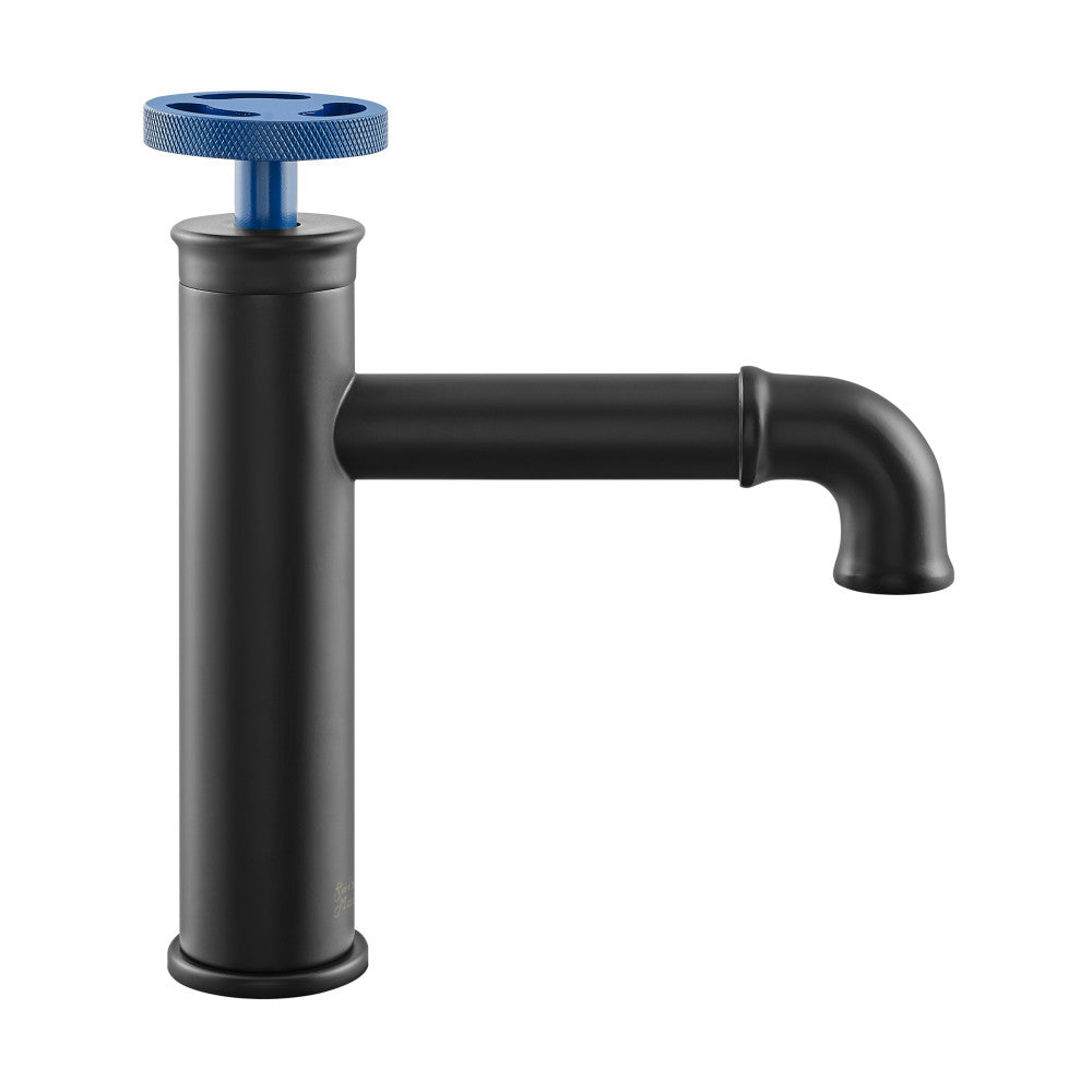 Avallon Single Hole, Single-Handle Wheel, Bathroom Faucet in Matte Black with Blue Handle