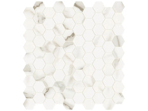 Anatolia Tile 1.25 Inch Mayfair Calacatta Polished Porcelain Hexagon Mosaics. 1 Sheet = .97 Sq. Ft. 4501-0146-1 Calacatta Oro 1.25" Hexagon - premium natural stone mosaic tile from Anatolia Tile, available at PoshHaus showroom in Keene, NH