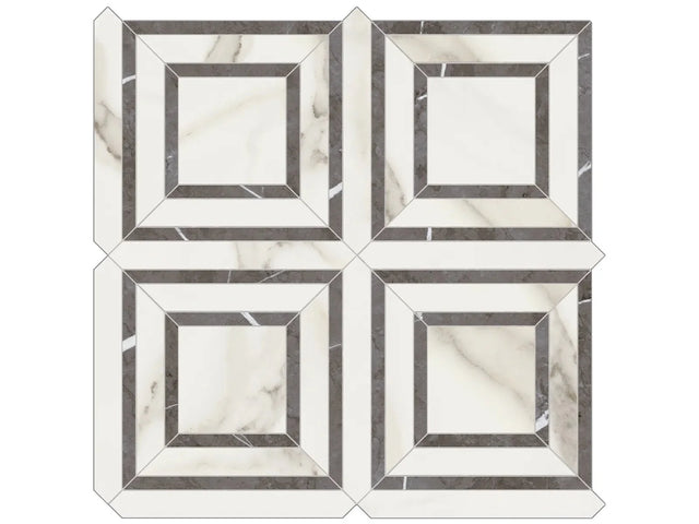Anatolia Tile Mayfair Calacatta Piazza Polished Porcelain Mosaics. 1 Sheet = .96 Sq. Ft. 4501-0153-1 Calacatta Oro Piazza - premium natural stone mosaic tile from Anatolia Tile, available at PoshHaus showroom in Keene, NH