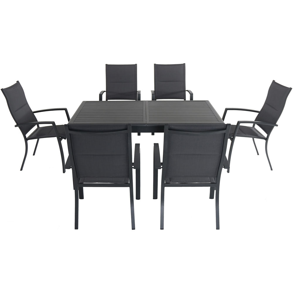 Hanover CAMDN7PCHB-GRY Cameron7pc: 6 High Back Padded Sling Chairs, 63-94" Alum Extension Table