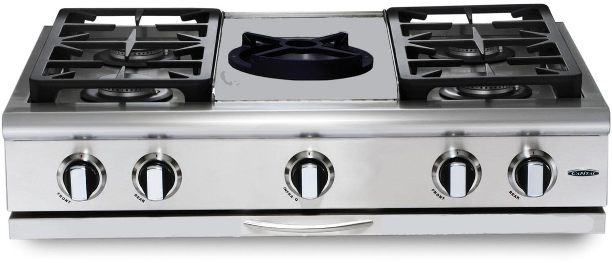 Capital 36" Precision Series Rangetop with 6 Sealed Burners, Sealed Burners in Stainless Steel (GRT366) Rangetops Capital Natural Gas 4 Sealed Burners and 12" Wok Burner 