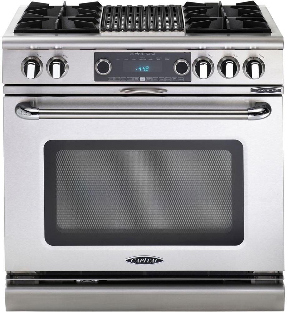 Capital Connoisseurian Series 36" Freestanding Dual Fuel Range with 6 Open Burners, 5.4 cu. ft. Electric Oven, Grill and Griddle Options, in Stainless Steel (COB366) Ranges Capital Natural Gas 4 Open Burners & Grill 