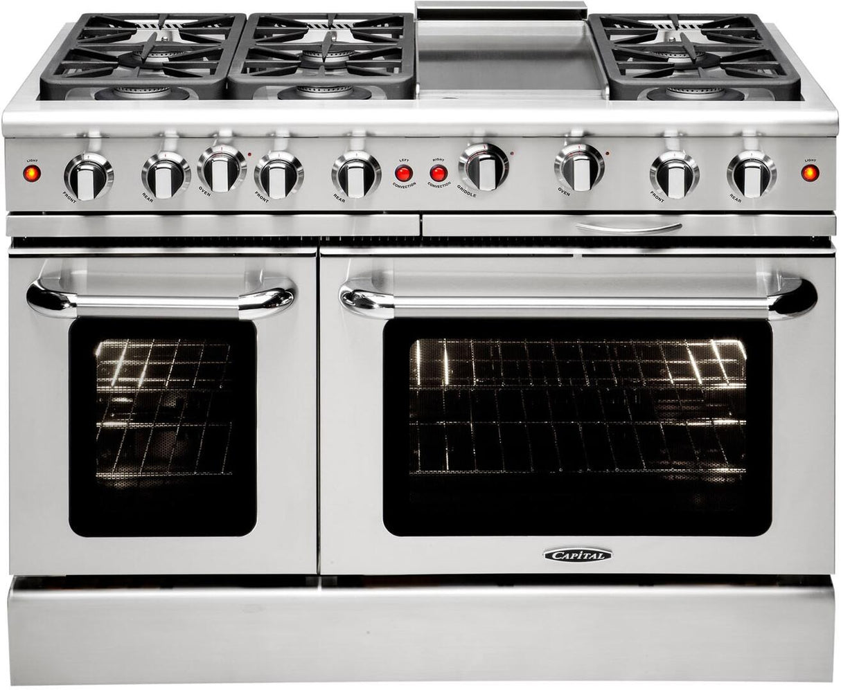 Capital Precision Series 48" Freestanding All Gas Range with 8 Sealed Burners, Optional Griddle/Grill, 4.9 cu. ft. Total Capacity Double Oven in Stainless Steel (MCR488) Ranges Capital Natural Gas 6 Sealed Burners and Griddle 