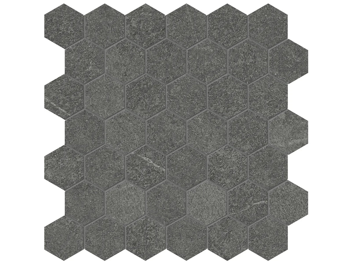 Anatolia Tile 2" Mjork Color Body Porcelain Carbon Hexagon 42 Piece Mosaic 4501-0382-0 1 Sheet = .97 Sq. Ft." Carbon 2" Hexagon - premium natural stone mosaic tile from Anatolia Tile, available at PoshHaus showroom in Keene, NH