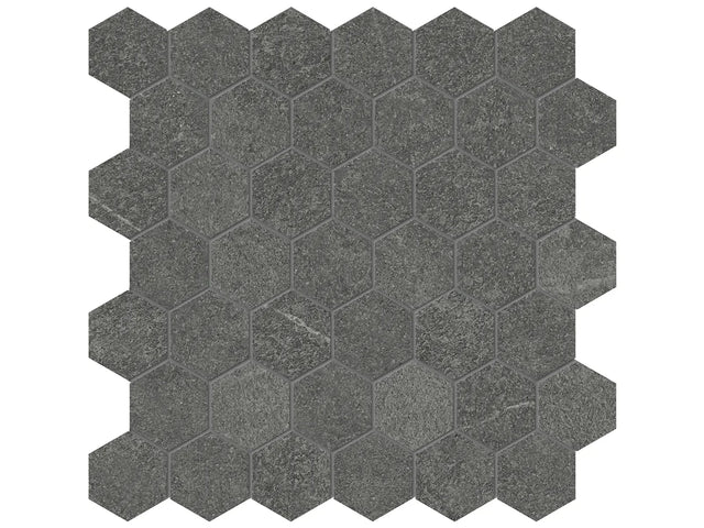 Anatolia Tile 2" Mjork Color Body Porcelain Carbon Hexagon 42 Piece Mosaic 4501-0382-0 1 Sheet = .97 Sq. Ft." Carbon 2" Hexagon - premium natural stone mosaic tile from Anatolia Tile, available at PoshHaus showroom in Keene, NH