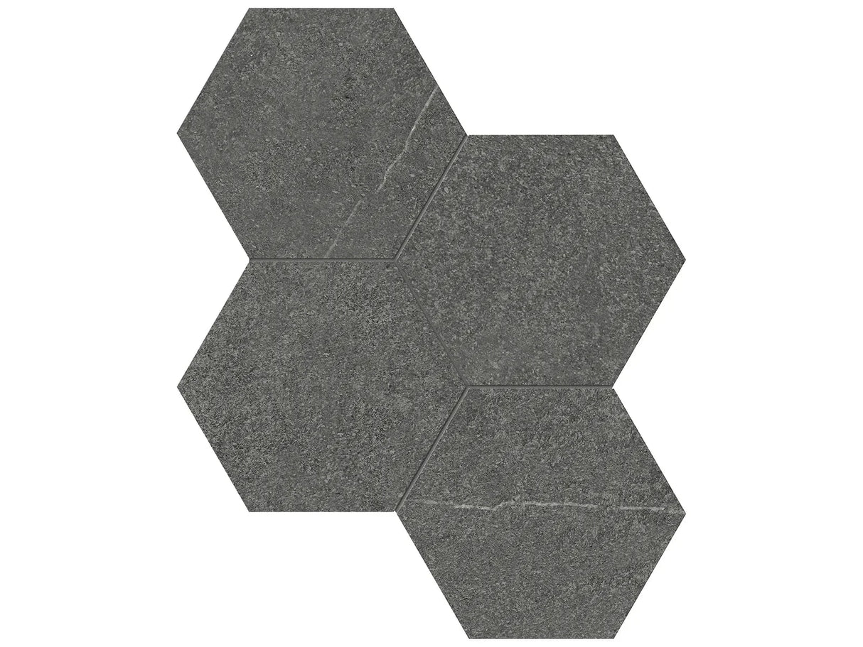 Anatolia Tile 6" Mjork Color Body Porcelain Carbon 4 Piece Mosaic Hexagon 4501-0378-0 1 Sheet = .80 Sq. Ft." Carbon 6" Hexagon - premium natural stone mosaic tile from Anatolia Tile, available at PoshHaus showroom in Keene, NH
