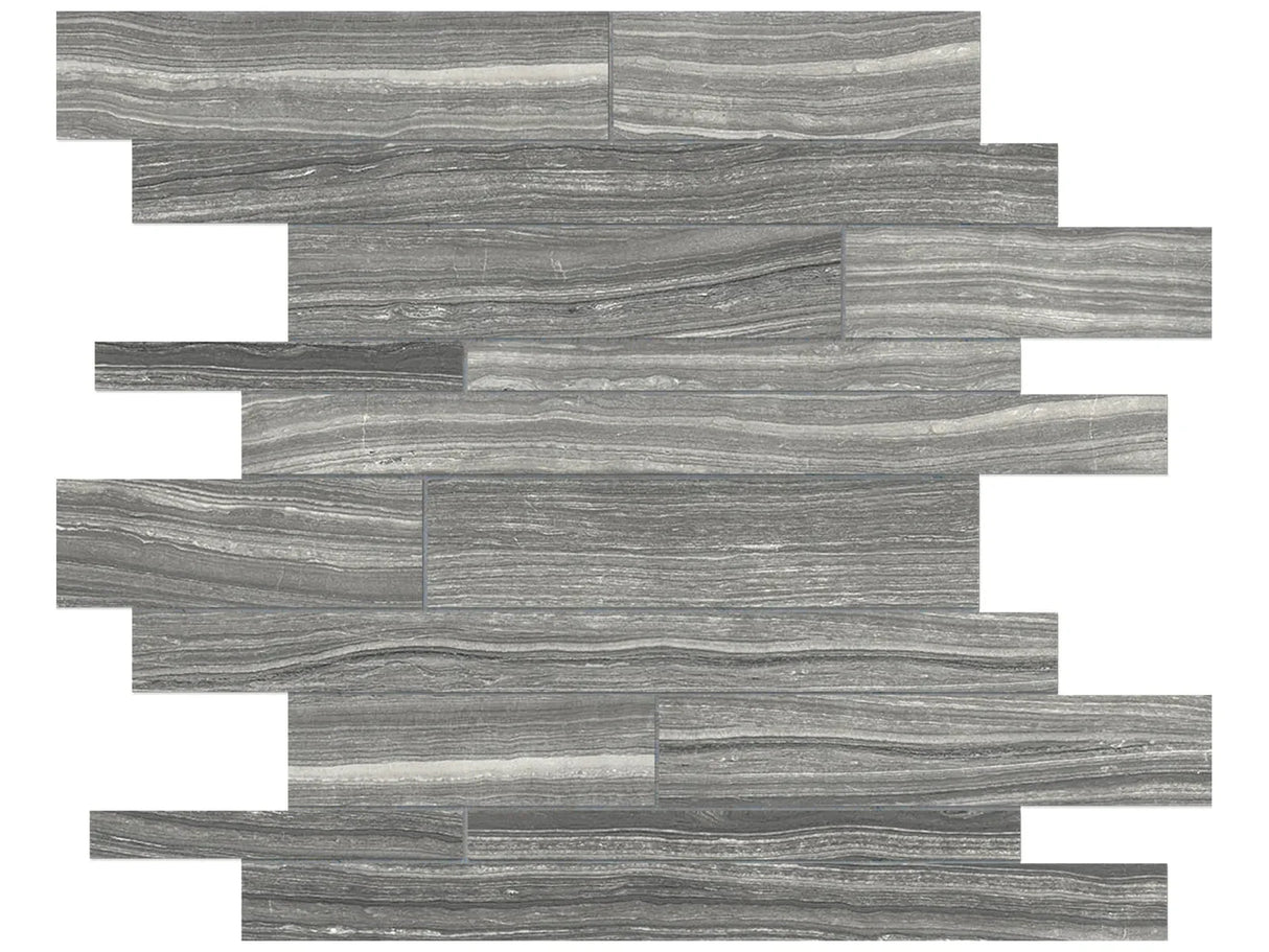 Anatolia Tile Eramosa Carbon Random Strip Matte Porcelain Mosaics. 1 Sheet = .96 Sq. Ft. 4501-0087-0 (69-186) Carbon Random Strip - premium natural stone mosaic tile from Anatolia Tile, available at PoshHaus showroom in Keene, NH