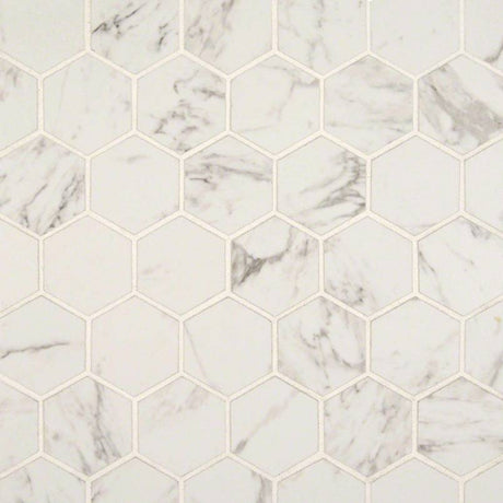 Pietra carrara hexagon 12X12 glazed porcelain mesh mounted mosaic tile NCAR2X2HEX-N product shot multiple tiles angle view