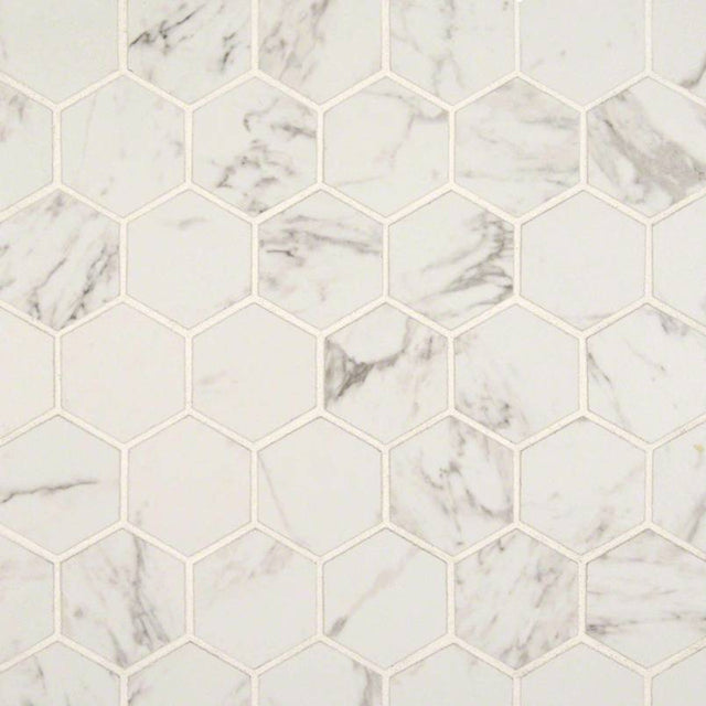 Pietra carrara hexagon 12X12 glazed porcelain mesh mounted mosaic tile NCAR2X2HEX-N product shot multiple tiles angle view