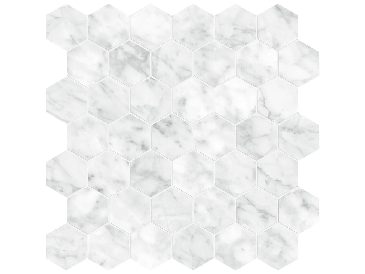 Anatolia Tile La Marca 2 Inch Hexagon Carrara Honed Porcelain Mosaics. 1 Sheet = .96 Sq. Ft. 4501-0352-0 Carrara Gioia 2" Hexagon Honed - premium natural stone mosaic tile from Anatolia Tile, available at PoshHaus showroom in Keene, NH