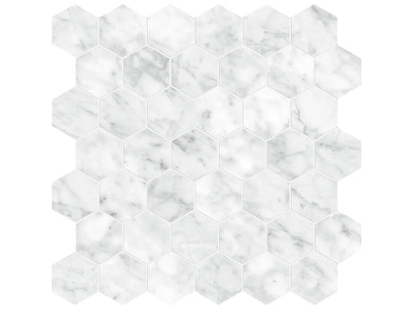 Anatolia Tile La Marca 2 Inch Hexagon Carrara Honed Porcelain Mosaics. 1 Sheet = .96 Sq. Ft. 4501-0352-0 Carrara Gioia 2" Hexagon Honed - premium natural stone mosaic tile from Anatolia Tile, available at PoshHaus showroom in Keene, NH