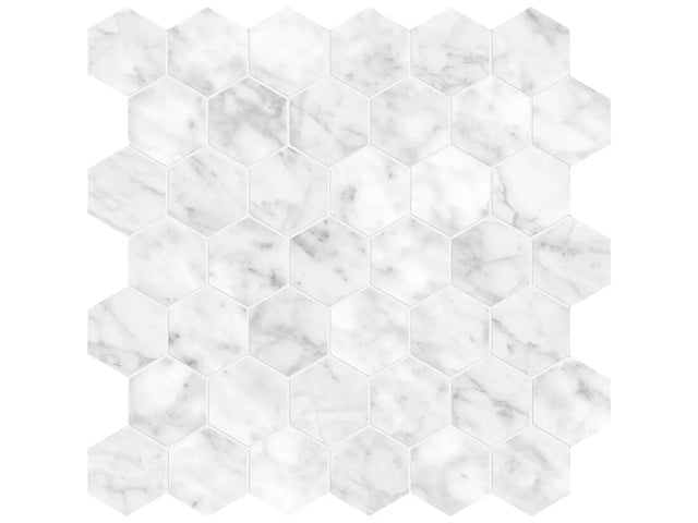 Anatolia Tile La Marca 2 Inch Hexagon Carrara Honed Porcelain Mosaics. 1 Sheet = .96 Sq. Ft. 4501-0352-0 Carrara Gioia 2" Hexagon Honed - premium natural stone mosaic tile from Anatolia Tile, available at PoshHaus showroom in Keene, NH