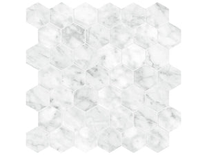La Marca 2 Inch Hexagon Carrara Honed Porcelain Mosaics. 1 Sheet = .96 Sq. Ft. Gioia 2
