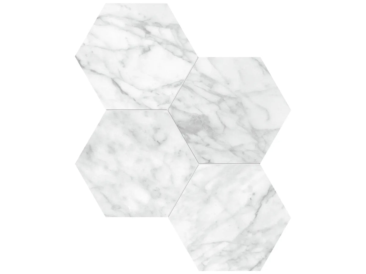 Anatolia Tile 6" Hexagon La Marca Carrara Polished & Rectified Porcelain Mosaic - 1 Sheet = .797 - 4501-0325-0" Carrara Gioia 6" Hexagon Polished - premium natural stone mosaic tile from Anatolia Tile, available at PoshHaus showroom in Keene, NH