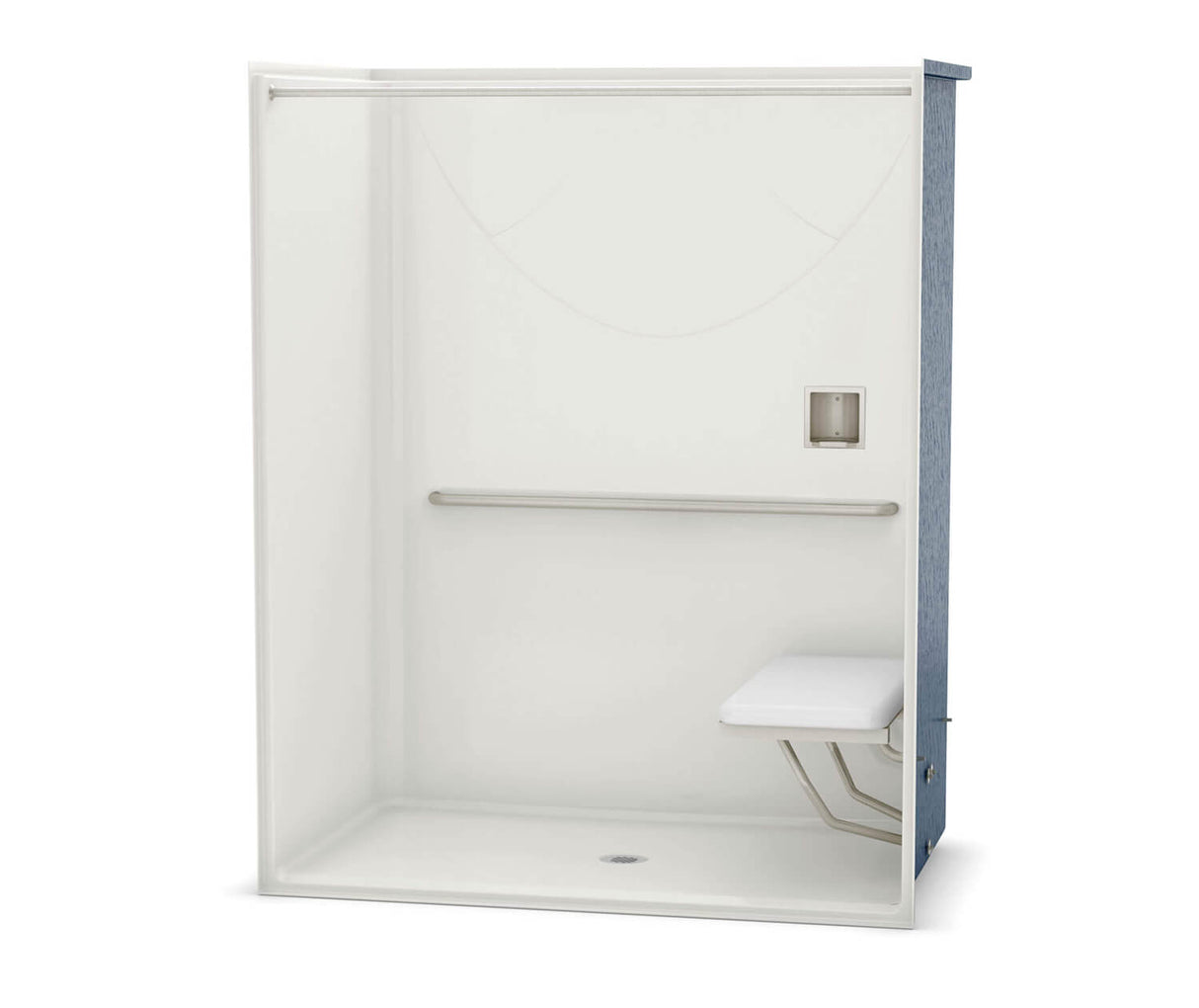 Aker OPS-6036 AcrylX Alcove Center Drain One-Piece Shower in White - MASS Grab Bar and Seat
