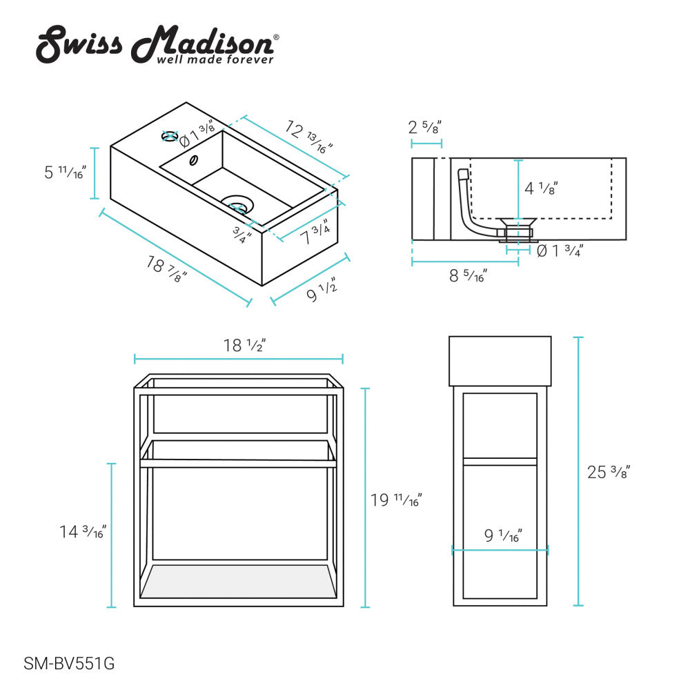 Pierre 19.5 Single, Open Shelf, Gold Metal Frame Bathroom Vanity