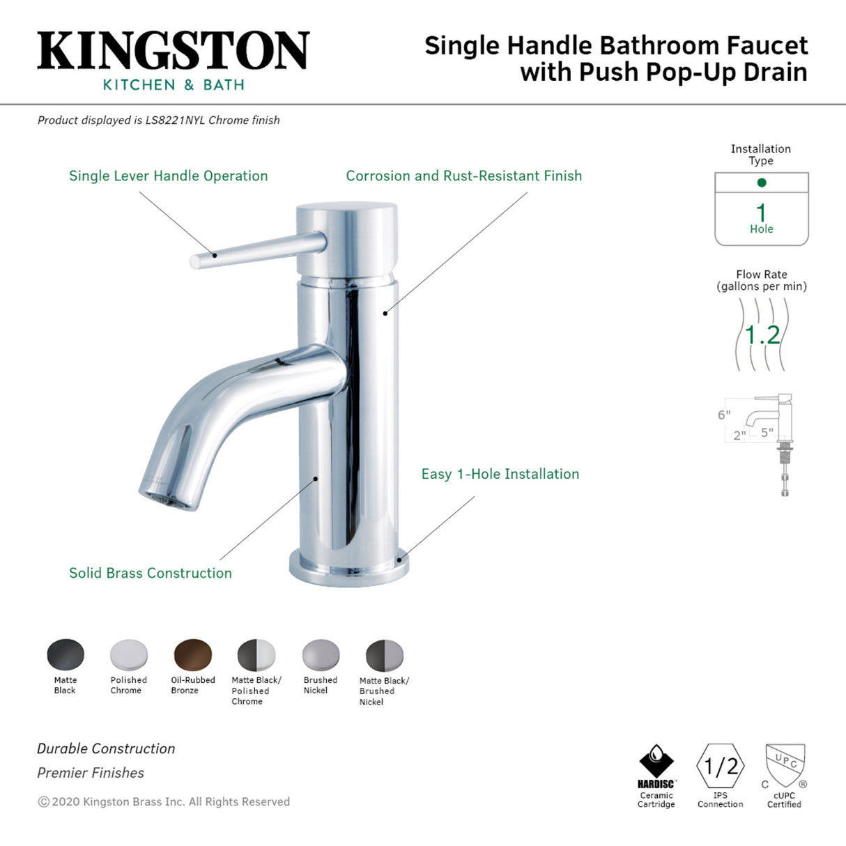 Fauceture LS8220NYL New York Single-Handle Bathroom Faucet with Push Pop-Up, Matte Black