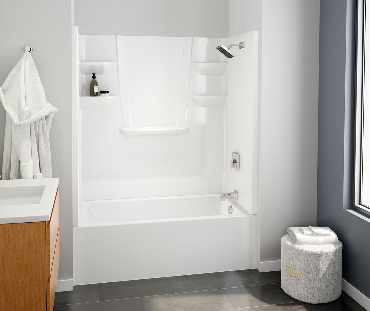 Swanstone VP6030CTSMINAL/R 60 x 30 Solid Surface Alcove Right Hand Drain Four Piece Tub Shower in White VP6030CTSMINAR.010