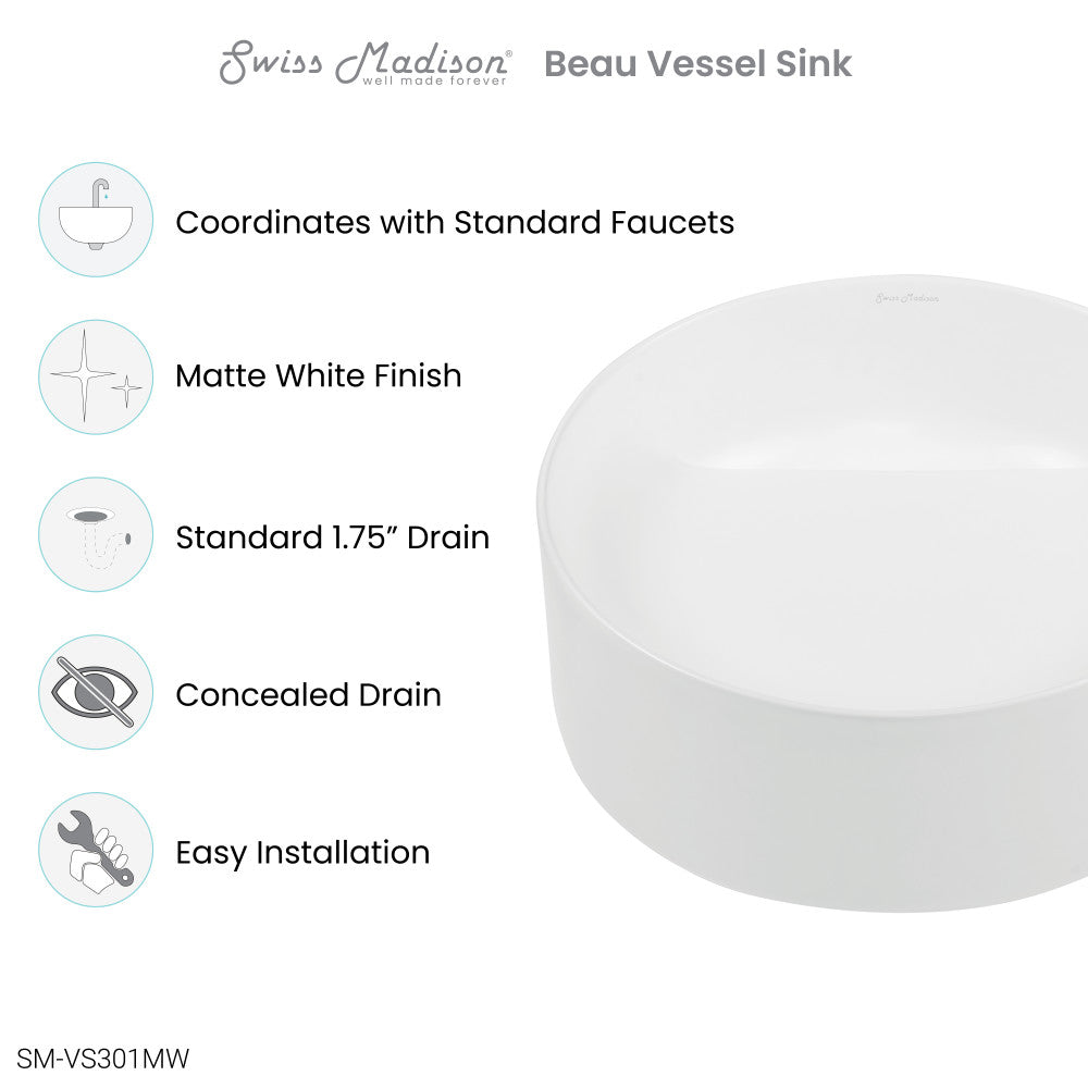 Beau 16.5" Round Vessel Bathroom Sink in Matte White