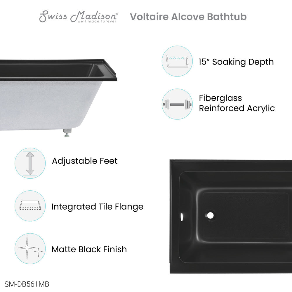 Voltaire 48" X 32" Left-Hand Drain Alcove Bathtub in Matte Black