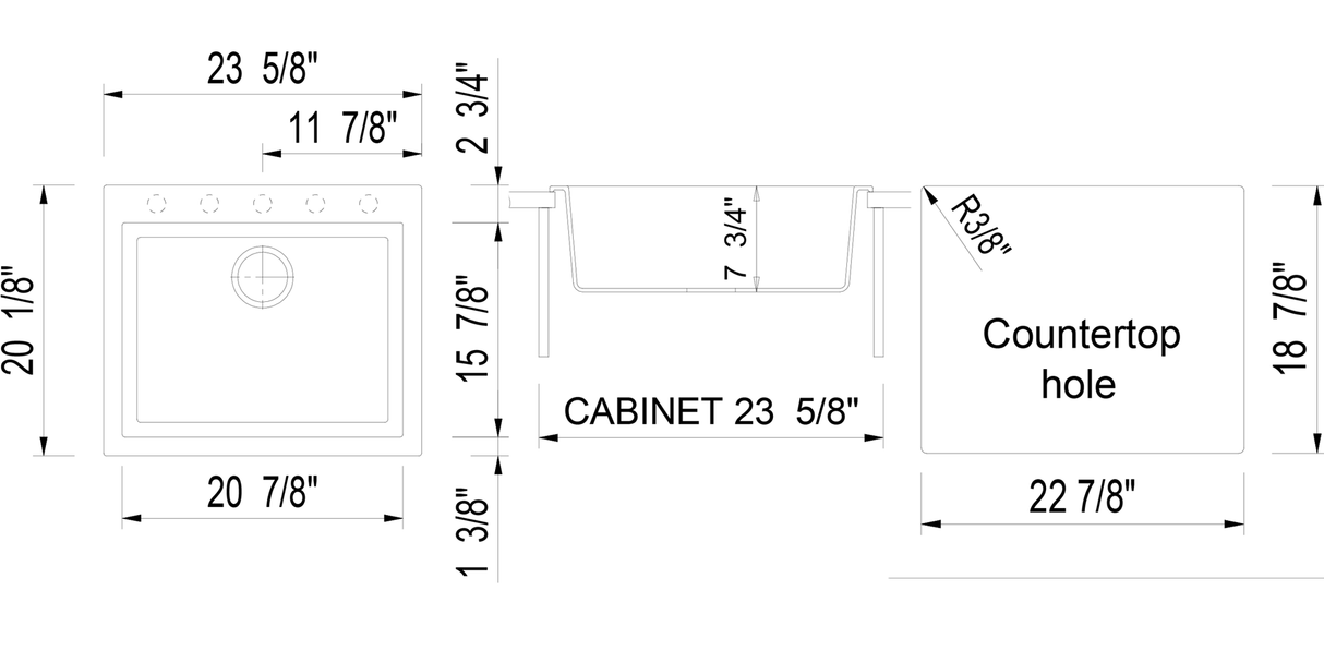 ALFI brand AB2420DI-BLA Black 24" Drop-In Single Bowl Granite Composite Kitchen Sink