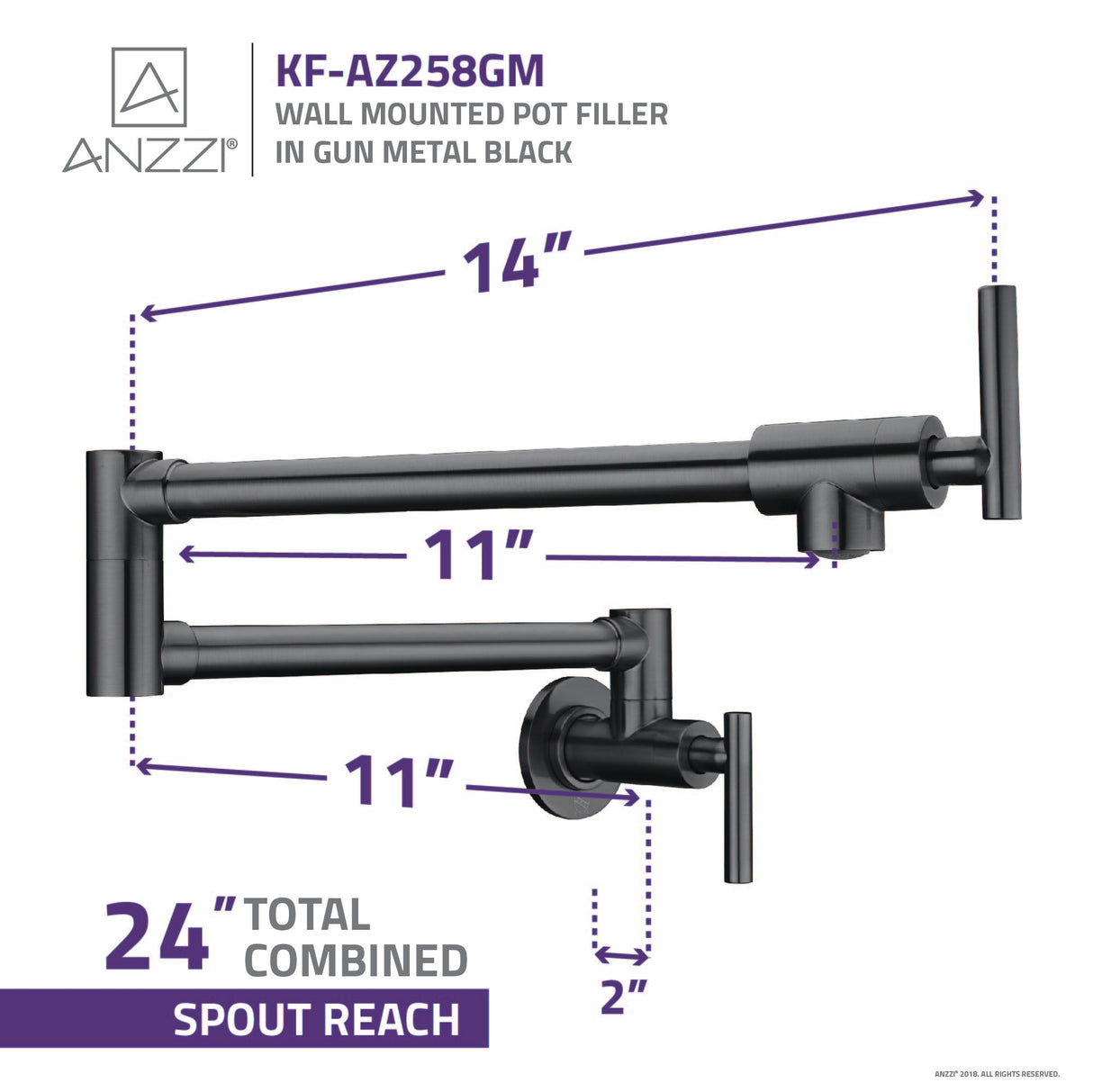 ANZZI KF-AZ258GB Braccia Series 24" Wall Mounted Pot Filler in Gunmetal Black