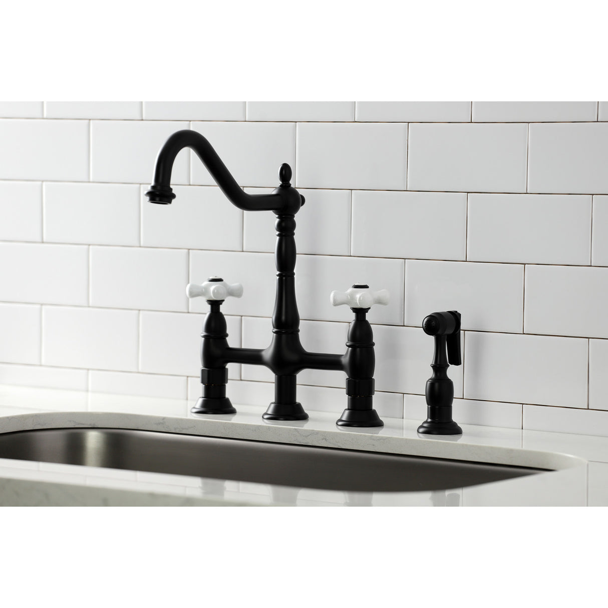 Kingston Brass KS1270PXBS Heritage Bridge Kitchen Faucet with Brass Sprayer, Matte Black