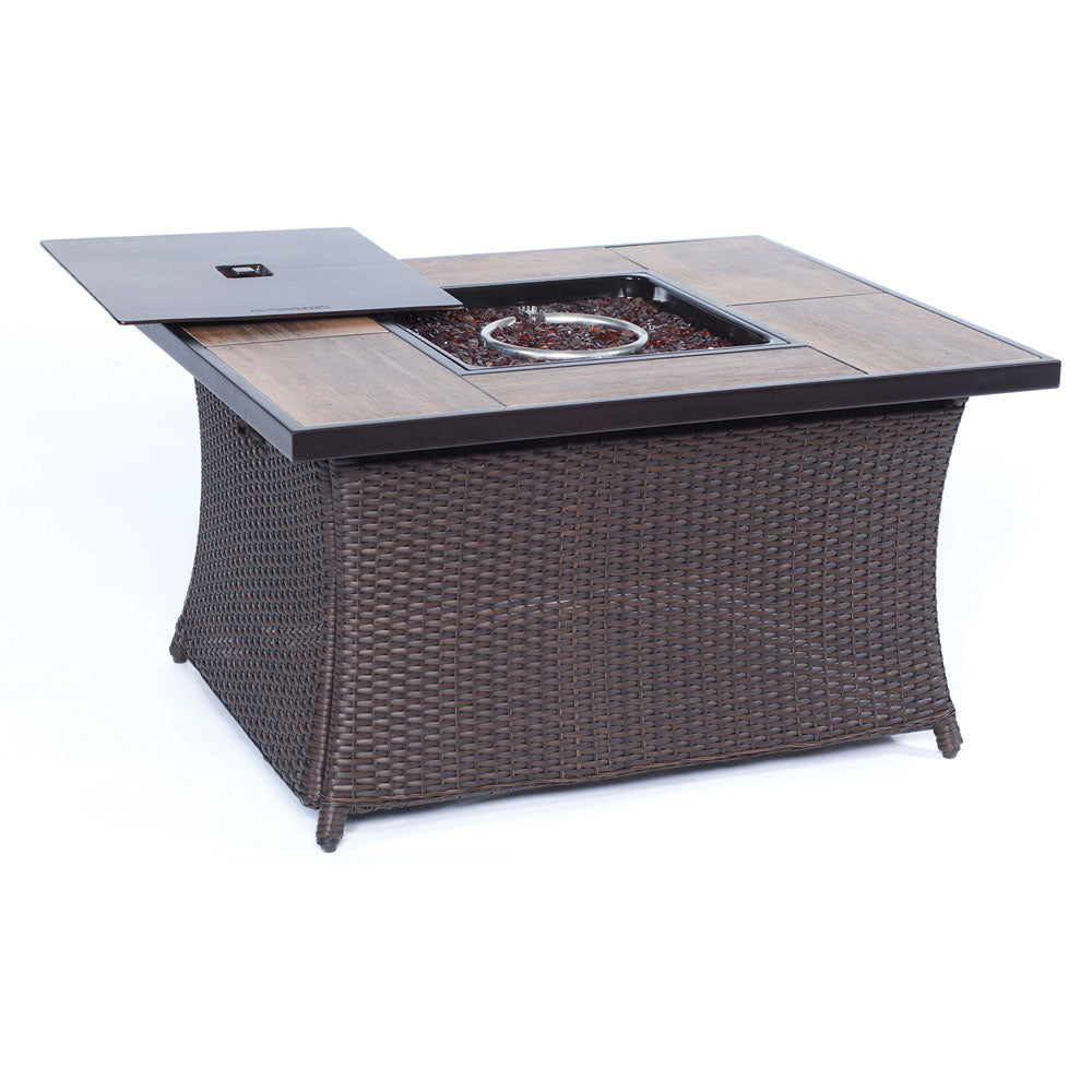 Hanover COFFEETBLFP-WG Hanover Woven Coffe Table Fire Pit with Wood Grain Tile Top and Lid