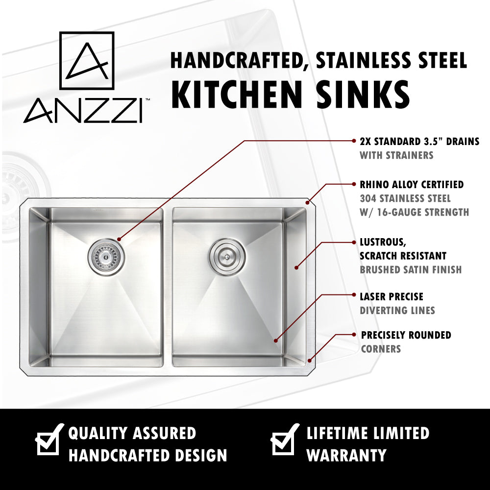 ANZZI K32192A-041 VANGUARD Undermount 32 in. Double Bowl Kitchen Sink with Singer Faucet in Polished Chrome
