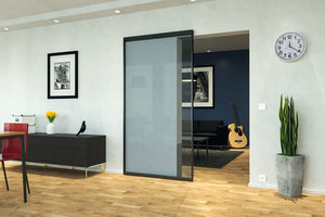Häfele 940.59.016 Sliding Door Fitting, Slido D-Line43 80N, Set with aluminum frame and running track for 1 wooden or glass panel, Silver colored anodized, door width: 1,100 mm (43 5/16")