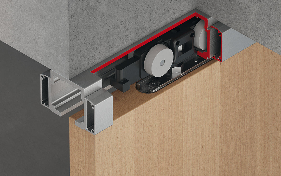 Häfele 942.35.003 Sliding door fitting, Slido D-Line11 240C, set, for 1 and 2-leaf wooden sliding doors, ceiling and wall installation, height adjustable doors, for door weights up to 240 kg (529 lbs.), without soft and self closing mechanism